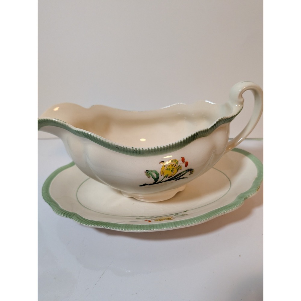 Johnson Brothers Old Staffordshire Gravy Boat and Underplate Green Tulip England